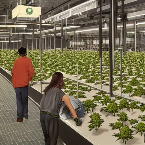 Prompt: bustling economy organised retail cannabis leaf in a pot industry, aussie, fun concept digital art, environment portrait by steve hanks, australia rendered in pixar
