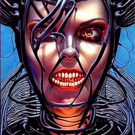 Image similar to a beautiful cybernetic woman with wires for hair, glowing eyes, razor sharp teeth, horror, natural lighting, style of bernie wrightson, style of richard estes, masterpiece, epic. hyper realism, fauvism