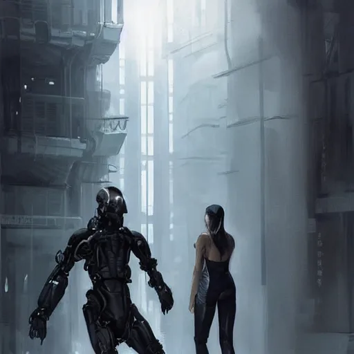 Image similar to concept art by greg rutkowski, a very tall and slender cyborg, talking to a short woman dressed in a utilitarian white and black jumpsuit, high tech and futuristic white walled environment, unnatural lighting, uncanny atmosphere, frightening and creepy atmosphere, scifi, highly detailed portrait, digital painting, artstation, concept art, smooth, sharp foccus ilustration, artstation hq
