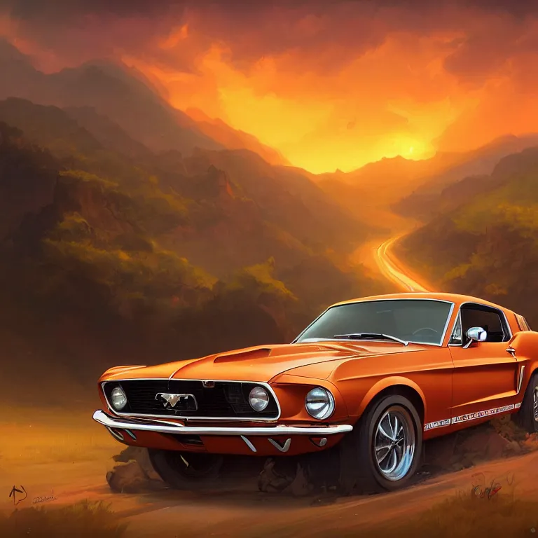 Image similar to wide view of a 1 9 6 8 mustang driving down a country road, coriolios rpg art style, full of details, warm sunset colors, matte painting, artstation, 8 k, hyperrealistic, style of peter mohrbacher, album cover