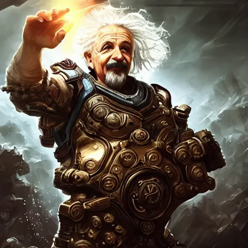 Image similar to Portrait of Albert Einstein, League of Legends amazing splashscreen artwork, Gears of War, splash art,natural light, elegant, photorealistic facial features, intricate, fantasy, detailed face, atmospheric lighting, anamorphic lens flare, cinematic lighting, league of legends splash art, hd wallpaper, ultra high details by Greg rutkowski