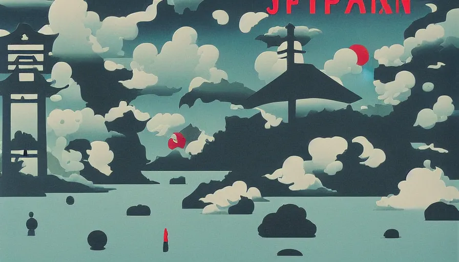 Prompt: Japan travel discoveries and sights explorations, a poster design for a contemporary graphic design exhibition, by Rene Magritte, Alex Yanes, Yoshio Awazu