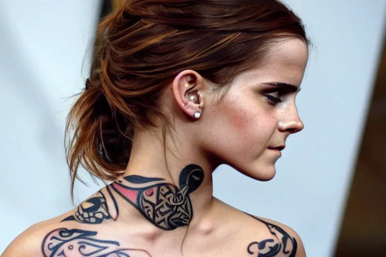 Image similar to emma watson, dope tattoo, hyperrealistic