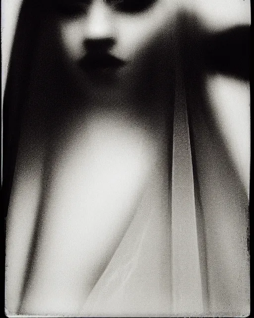 Image similar to photorealism, polaroid, black and white, female silhouette, black veil, noise, out of focus, long exposure