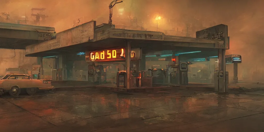 Image similar to a post apocalyptic gas station in the style of bladerunner, trending on artstation, vintage colors, volumetric lighting