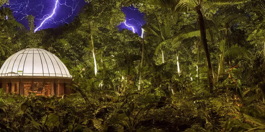 Prompt: a wide angle photo of a glass dome containing a single armchair, the dome is in a tropical rainforest at night while a massive lightning storm illuminates the surroundings