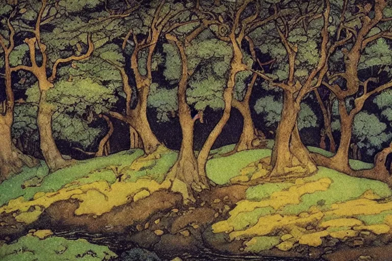 Prompt: masterpiece painting of oak trees on a hillside overlooking a creek, dramatic lighting, by edmund dulac
