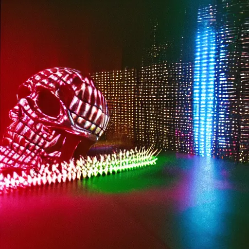 Image similar to a low poly disco skull full of long spikes, reflecting light in a nightclub, grainy film photograph