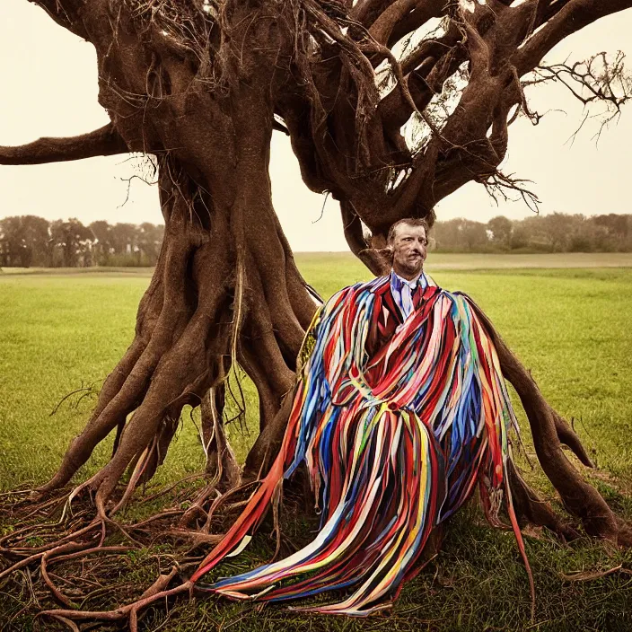 Image similar to closeup portrait of a man with a dress made of ribbons and roots, sitting in a chair in an empty field, by Annie Leibovitz and Steve McCurry, natural light, detailed face, CANON Eos C300, ƒ1.8, 35mm, 8K, medium-format print