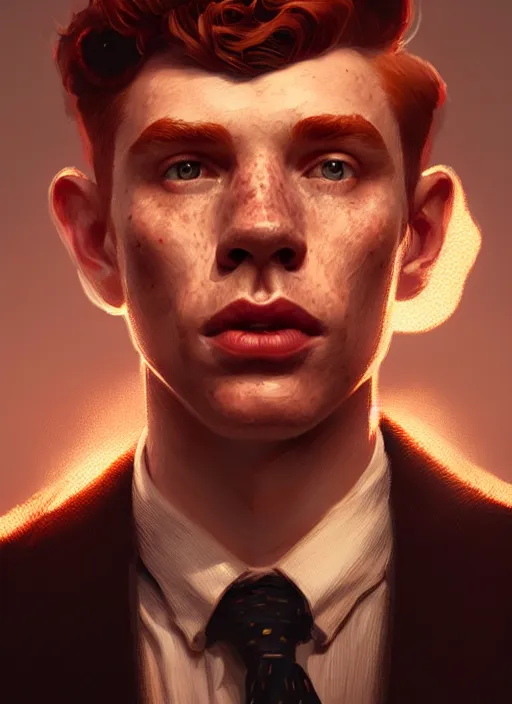 Image similar to portrait of archie andrews, freckles, curly peaky blinders hair, intricate, elegant, glowing lights, highly detailed, digital painting, artstation, concept art, smooth, sharp focus, illustration, art by wlop, mars ravelo and greg rutkowski