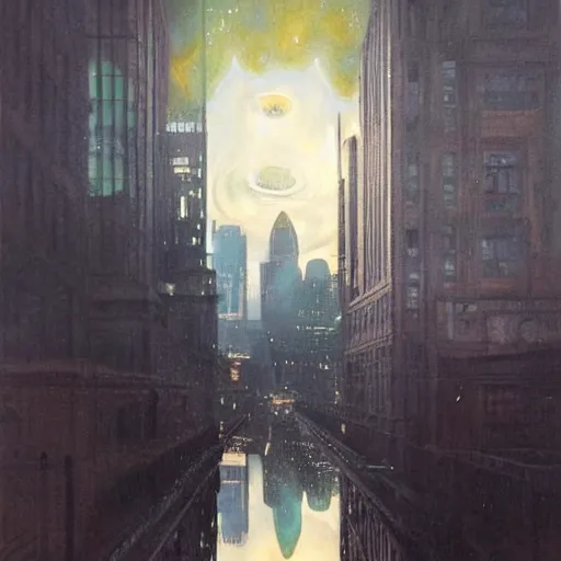 Prompt: photorealistc full - color painting of a broken and distorted mirror reflecting a nightmarish boston downtown skyline in 1 9 2 5 at night with a horrifying sky, aerial view, dark, brooding, night, atmospheric, horror, cosmic, ultra - realistic, smooth, highly detailed by dave dorman