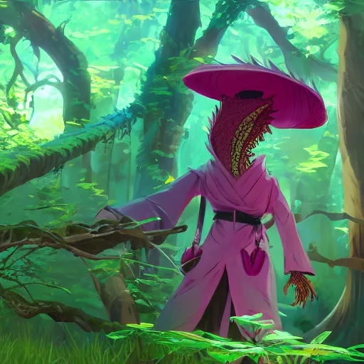 Image similar to concept art painting of an anthropomorphic anime style bearded dragon wearing magenta wizard robes, in the deep forest, realistic, detailed, cel shaded, in the style of makoto shinkai and greg rutkowski and james gurney