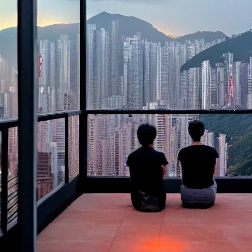 Image similar to a small rooftop with a couple of people sitting and watching the view, wearing black modern clothes, designed by rick owens, messy short hair, modern hong kong is on the background, sunset, by gregory crewdson