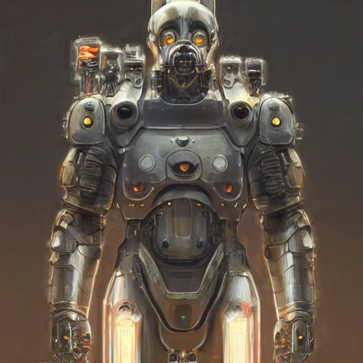 Prompt: cyborg techno power armor, realistic anthropomorphic shiba inu, fantasy science fiction, cyborg techno power armor glowing electric aura, by donato giancola and greg rutkowski and wayne barlow and zdzisław beksinski, realistic face, visible face, digital art, artstation, symmetry