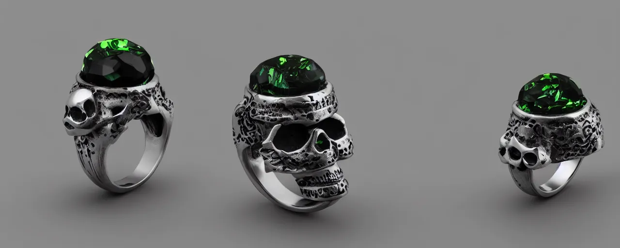 Prompt: simple ring with a skull, ring, skull, black, green mist emanates, smooth shank, crystals, engravings, product design, jewelry, art by gerald brom, greg rutkowski and artgerm and james jean and zdzisław beksinski, 8 k, unreal engine, c 4 d