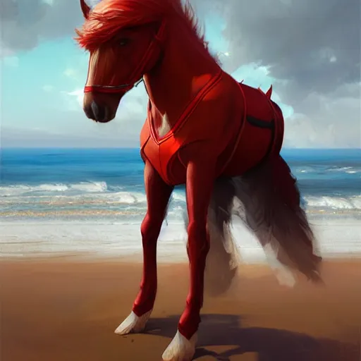 Prompt: beautiful commission of a male anthropomorphic horse wearing red shorts on the beach,digital art,art by greg rutkowski,ross tran,professional character design,artstation,deviantart,photorealistoc,hyperdetailed,detailed face,high resolution,high quality