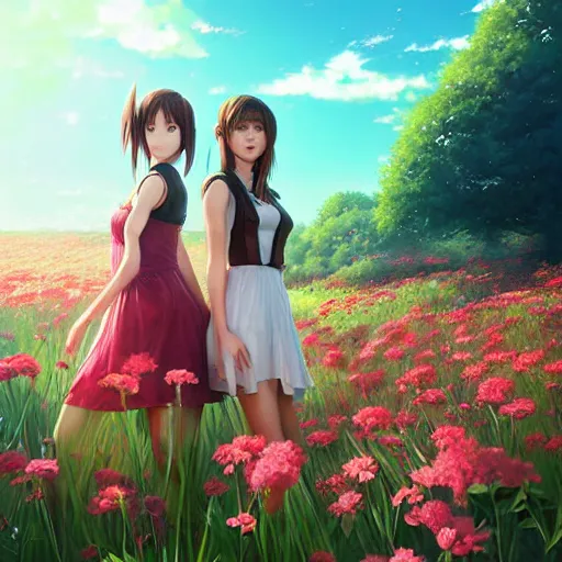 Image similar to aerith and yuffie from final fantasy 7 remake sitting in a flower field by ilya kuvshinov, rtx reflections, maya, extreme high intricate hyperrealistic details by wlop, digital art by ross tran, medium shot, composition by sana takeda, dramatic lighting by greg rutkowski