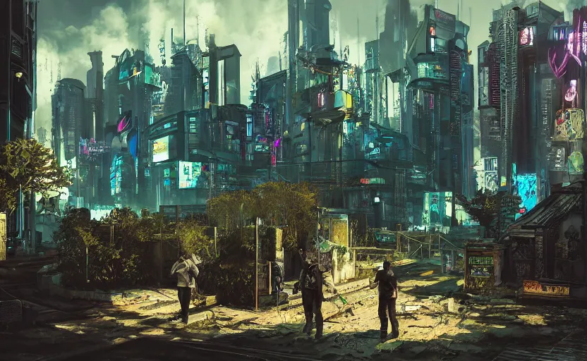 Prompt: photo environement cyberpunk garden : 4, 4 k rtx hdr volume light concept studio matte painting environement digital illustration style cyberpunk 2 0 7 7 artstation artur tarnowski, mihai muscan, marcin tomalak, marta leydy, marcin stepien, charlotte hughes, zuzanna dabrowa neon bioluminiscence