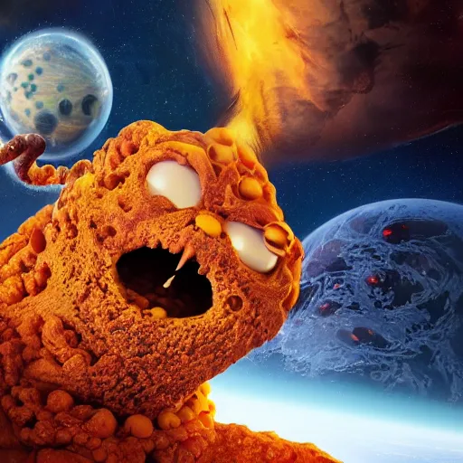 Image similar to one eldritch horror bloody garfield in space, galaxy, hd, 8 k, cinema footage, giant, epic, realistic photo, unreal engine, stars, prophecy, powerful, cinematic lighting, destroyed planet, debris, violent, sinister, ray tracing, dynamic, print, epic composition, dark, horrific, teeth, grotesque