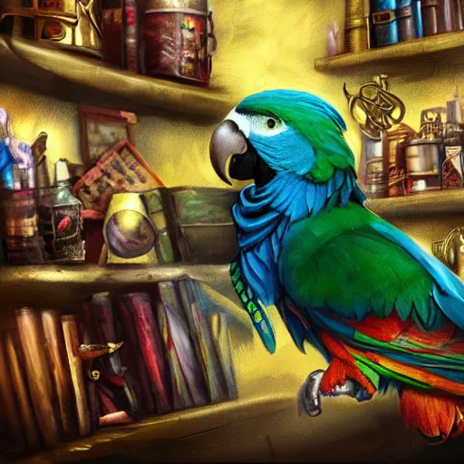 Image similar to Magic the gathering artwork of Anthropomorphized parrot trader in his shop, shelves full, selling a gem, portrait, items, magic potions, carpet, window, fancy funny hat, sly expression , cunning expression, cute expression, presenting magic gem, D&D, fantasy, cinematic lighting, highly detailed, digital painting, artstation, concept art, smooth, sharp focus, illustration, warm light, cozy warm tint, magic the gathering artwork, volumetric lighting, 8k, no gold, no gold colours, art by Akihiko Yoshida and Greg Rutkowski