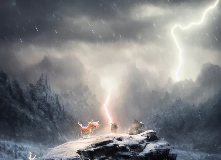 Image similar to unicorn fighting a dragon, beautiful snowy landscape, lightning storm, dramatic lightning, cinematic, establishing shot, extremly high detail, photorealistic, cinematic lighting, epic fight scene, post processed, concept art, artstation, matte painting, style by greg rutkowsky