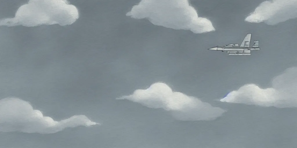 Image similar to a cell - shaded studio ghibli concept art study of a grey cube in the sky. a fighter jet is also in the sky. wide shot, very dull colors, hd, 4 k, hq