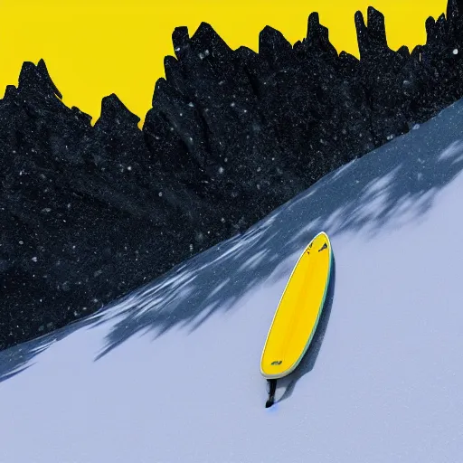 Prompt: man surfing a yellow surfboard down a snowy mountain, high quality digital art, unreal engine, cinematic lighting, photorealism