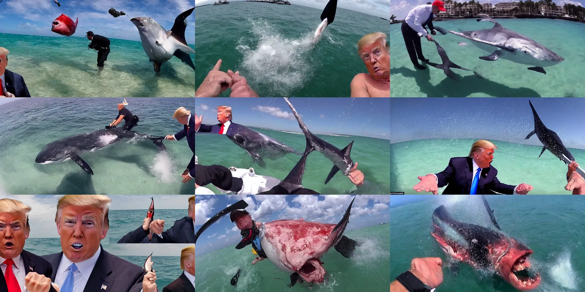 Prompt: gopro footage of donald trump being mangled by a swordfish at mar - a - lago, blood and bone, ground beef