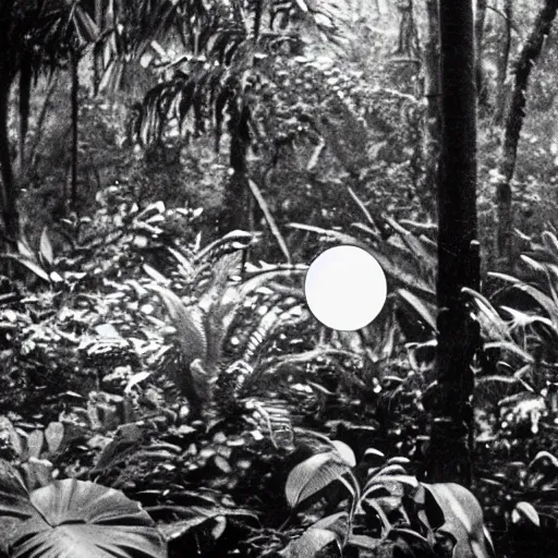 Image similar to a rizom lost film footage of a ( ( ( ( ( ( ( ( sphere ) ) ) ) ) ) ) ) in the middle of the tropical jungle / tripicalism / film still / cinematic / enhanced / 1 9 2 0 s / black and white / grain