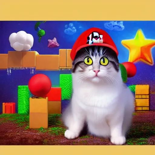 Image similar to A beautiful oil painting of a Kawaii Cat wearing a Super Mario Hat, nintendo, box art, intricate, volumetric lighting, summer, hyperrealistic, colorful, hyperdetailed.