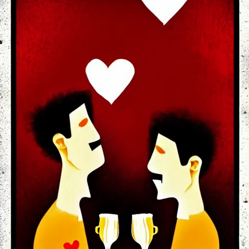 Image similar to two beautiful chad men drinking beer (red hearts), friendship, love, sadness, dark ambiance, concept by Godfrey Blow, featured on deviantart, drawing, sots art, lyco art, artwork, photoillustration, poster art