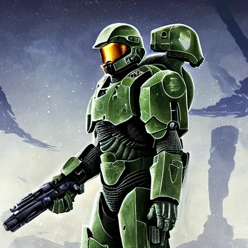 Prompt: master chief teams up with doomguy, artstation hall of fame gallery, editors choice, #1 digital painting of all time, most beautiful image ever created, emotionally evocative, greatest art ever made, lifetime achievement magnum opus masterpiece, the most amazing breathtaking image with the deepest message ever painted, a thing of beauty beyond imagination or words, 4k, highly detailed, cinematic lighting