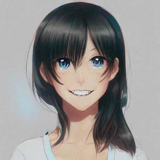 Prompt: A medium shot anime portrait of a happy brunette anime woman, a single short ponytail, parted hair, bare forehead, blue-eyed, blue eyes, big round nose closed lips, with large breasts, wearing a t-shirt, solid background, by Stanley Artgerm Lau, WLOP, Rossdraws, James Jean, Andrei Riabovitchev, Marc Simonetti, and Sakimi chan, trending on artstation