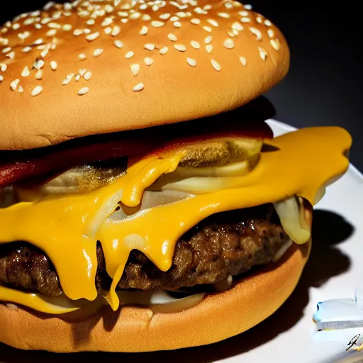 Image similar to stage photography highly detailed studio lighting food photography of a towering triple cheeseburger with melted cheese and fries on the side, stunning quality of scrumptious food