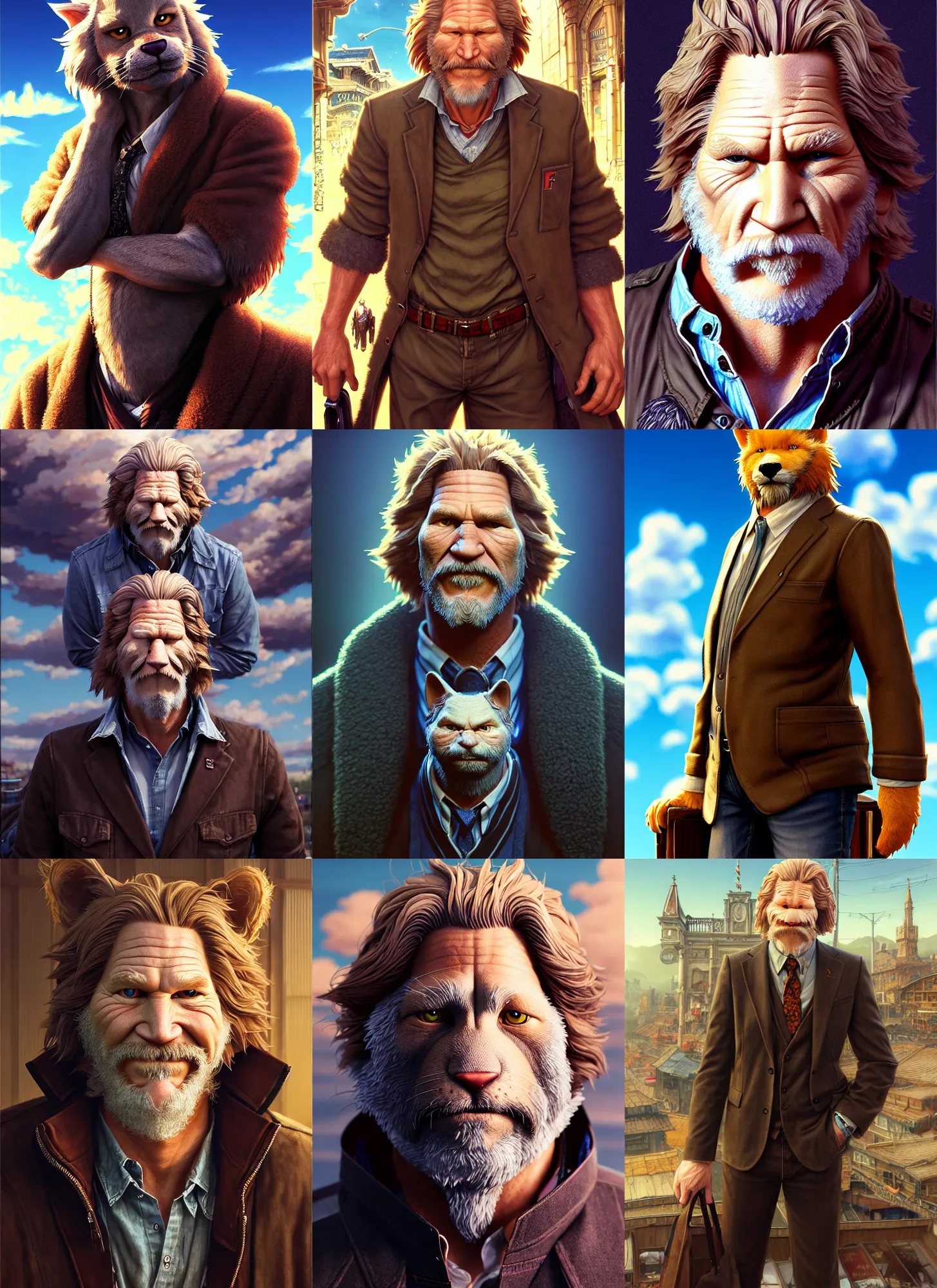 Image similar to full body character fursona portrait of jeff bridges with gorgeous detailed eyes in the marketplace in the sky, color page, tankoban, 4 k, tone mapping, doll, akihiko yoshida, james jean andrei riabovitchev marc simonetti, yoshitaka amano, h. hydrochaeris