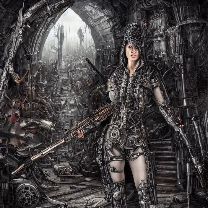 Image similar to apocalyptic woman in hood standing in hall of machinery and weaponry, hyper - detailed, smooth, sharp focus, 4 k ultra hd, fantasy dark art