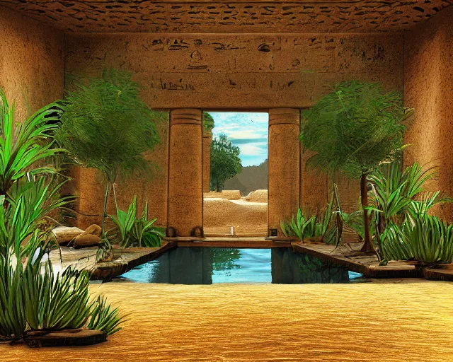 Image similar to Ancient Egypt interior with a pond and plants, digital art