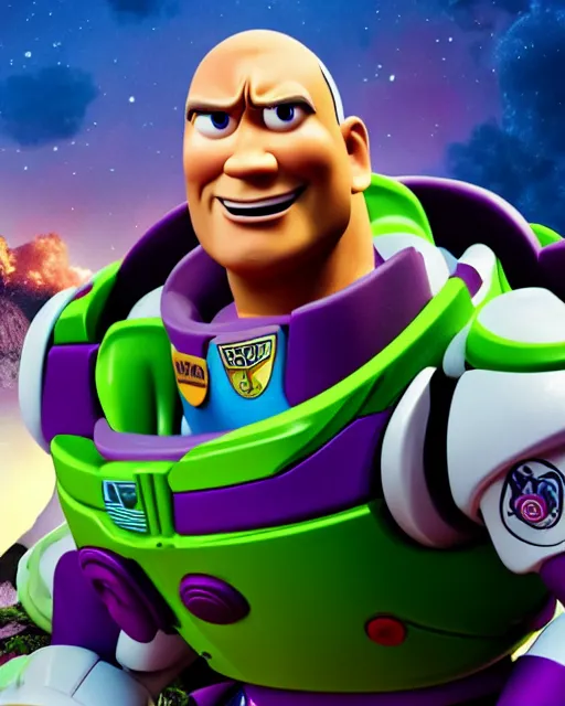 Image similar to Film still close-up shot of Dwayne Johnson as Buzz Lightyear in the movie Toy Story 3. Photographic, photography