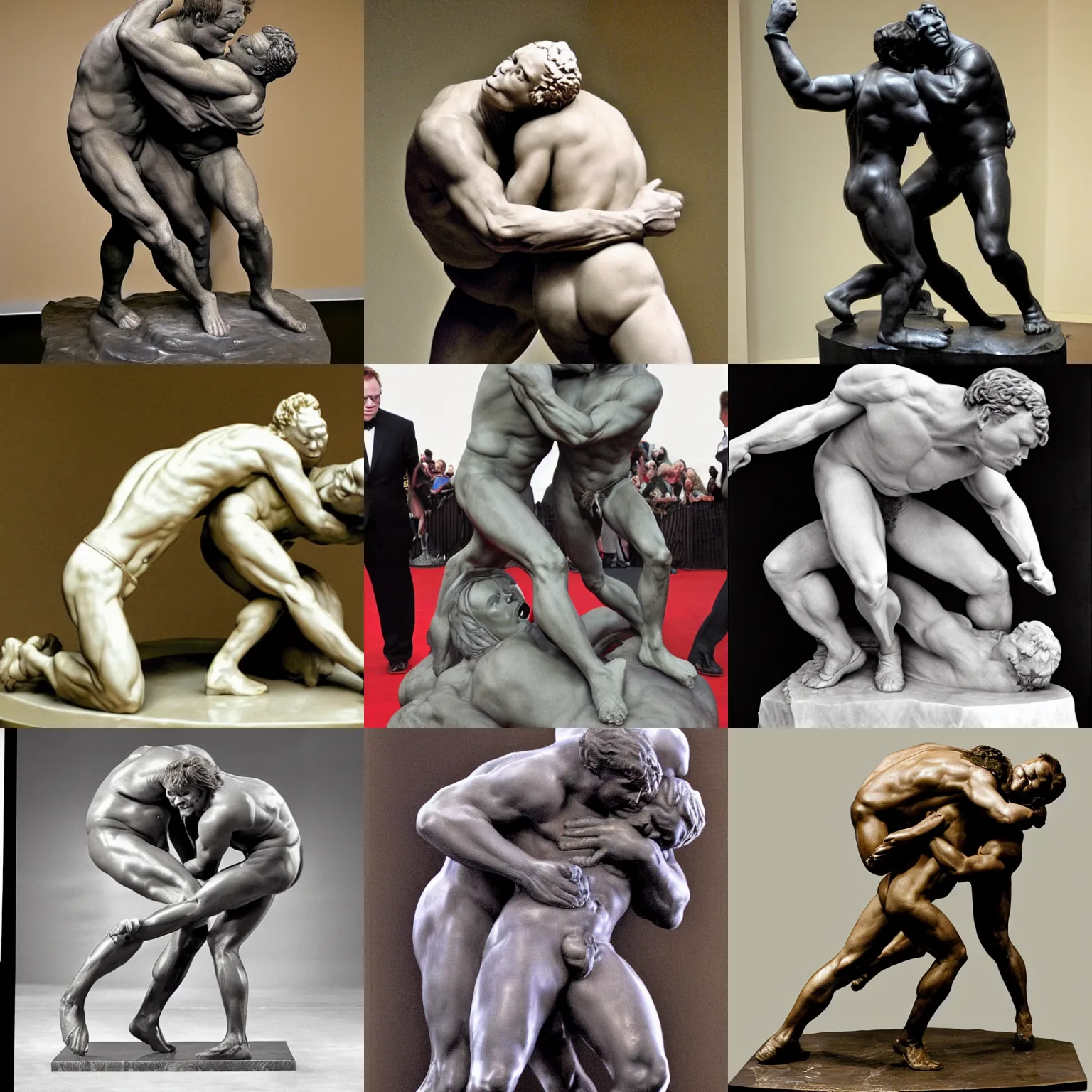 Image similar to conan o'brien and andy richter wrestling, by rodin, marble