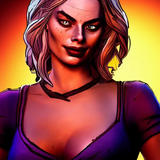 Image similar to margot robbie portrait, borderlands, tales from the borderlands, the wolf among us, comic, cinematic lighting, studio quality, 8 k