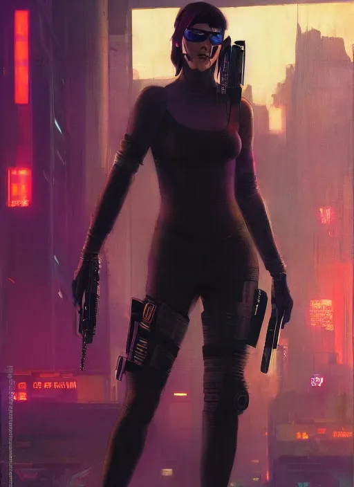 Prompt: Helen Parr. Cyberpunk assassin in tactical gear. blade runner 2049 concept painting. Epic painting by Craig Mullins and Alphonso Mucha. ArtstationHQ. painting with Vivid color. (rb6s, Cyberpunk 2077, matrix)