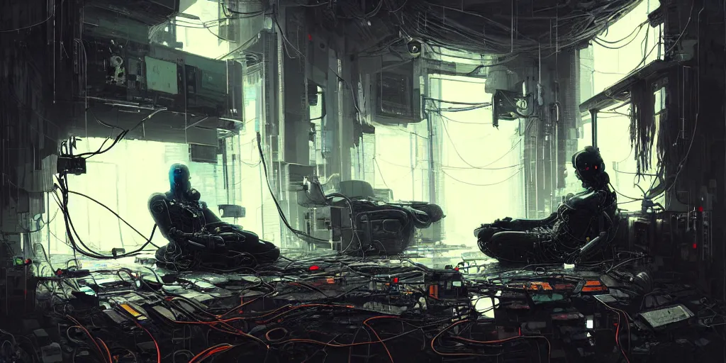 Image similar to a cyborg sitting on the floor, inside an old apartment, cybernetic parts and wires and cables scattered across the floor, dystopian aesthetics, cyberpunk, detailed oil painting, misty, cinematic, dramatic lighting, ominous, by ilya kuvshinov and ruan jia and jeremy mann