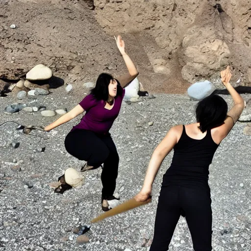 Prompt: morbid woman throwing rocks action sequence