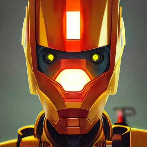 Image similar to robot with glowing yelow visor as a realistic scifi cyberpunk knight, closeup portrait art by james jean and greg rutkowski, robot destroyed to pieces, realistic face, like ironman, digital art, trending on artstation, symmetry!!!