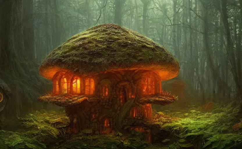 Image similar to A mushroom house!!!!, in a dark forest, small windows !!, macro, cool tones, underexposed, overecast, mysterious matte painting by greg rutkowski and marc simonetti and Ivan Shishkin, 4k