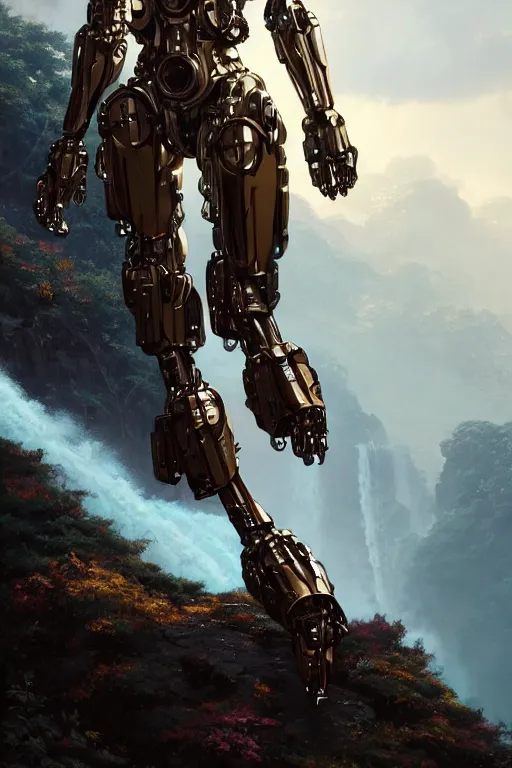 Image similar to detailed intricate digital illustration by greg rutkowski and artgerm and wlop and sanford robinson gifford ; sleek, chrome mech suit, floating with shimmering waterfall in the background ; 1 3 mm film, arri alfa anamorphic lens ; sharp focus, golden hour lighting, mist ; trending on artstation 4 k ; close view