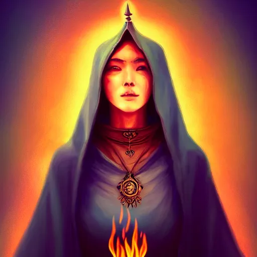 Image similar to ( a priestess with a hood that covers half her face carries an incense burner that emits a pleasantly colored flame. ) by anato finnstark, dream, full body portrait, dynamic lighting, beautiful, trending on artstation, wallpaper, 4 k, award winning, digital art, very detailed faces