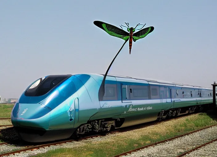 Image similar to A train that looks like a dragonfly. This advanced train was designed to look like a dragonfly.