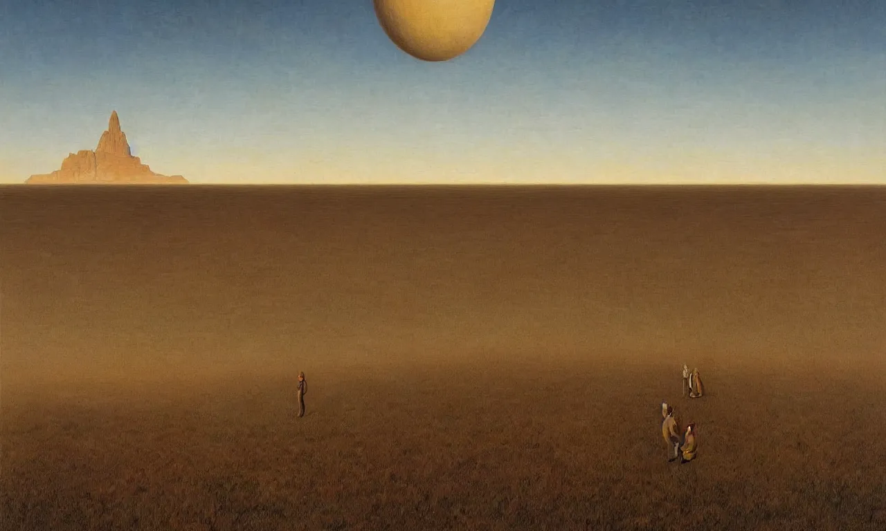 Image similar to a flat landscape with a horizon of surrealism, art by james gurney and greg rutkowski and rene magritte, surrealism by salvador dali, very detailed, high resolution, symmetry, volumetric lighting