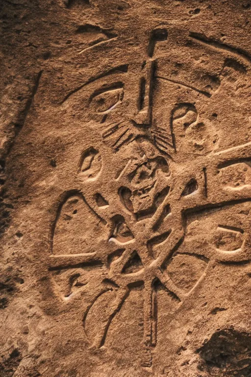 Image similar to 4 k photography of petroglyphs representing crosses, ufo, wifi symbol on a cave